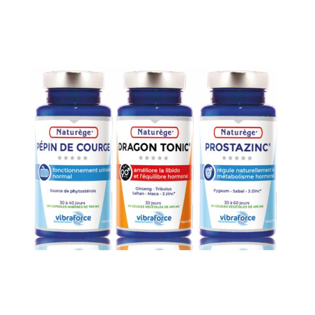 Pack Homme Pépins de Courge | Dragon Tonic |Prostazinc - 3 piluliers - Naturège Laboratoire