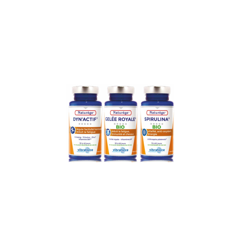Pack Vitalité | Dyn'Actif | Gelée Royale | Spirulina Bio - Pack de 3 Piluliers - Naturège Laboratoire Pack Vitalité | Dyn'Actif | Gelée Royale | Spirulina Bio - Pack de 3 Piluliers - Naturège Laboratoire