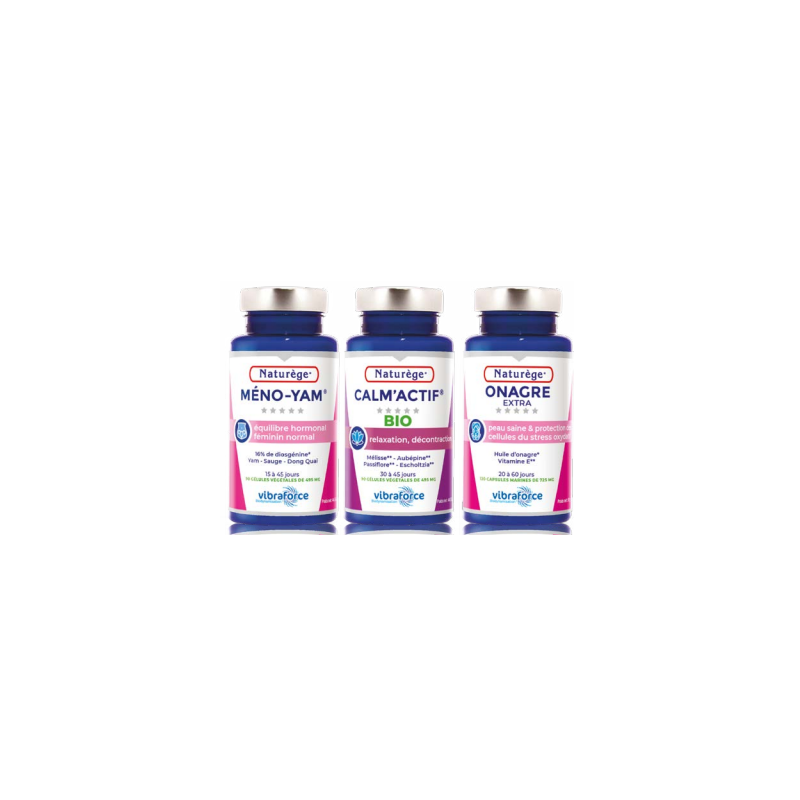 Pack Femme Méno-Yam|Onagre|Calm'Actif - Pack de 3 Piluliers - Naturège Laboratoire Pack Femme Méno-Yam|Onagre|Calm'Actif - Pack de 3 Piluliers - Naturège Laboratoire
