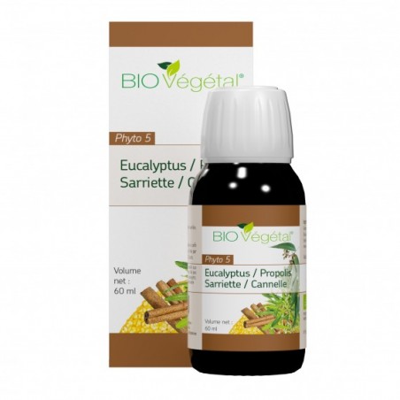 Phyto 5 Bio Eucalyptus -Propolis - Sariette - Canelle  60 ml - Bio Végétal