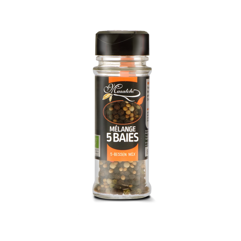 Epice Bio Mélange 5 baies -Flacon distributeur verre 30 g- Masalchi Epice Bio Mélange 5 baies -Flacon distributeur verre 30 g- Masalchi