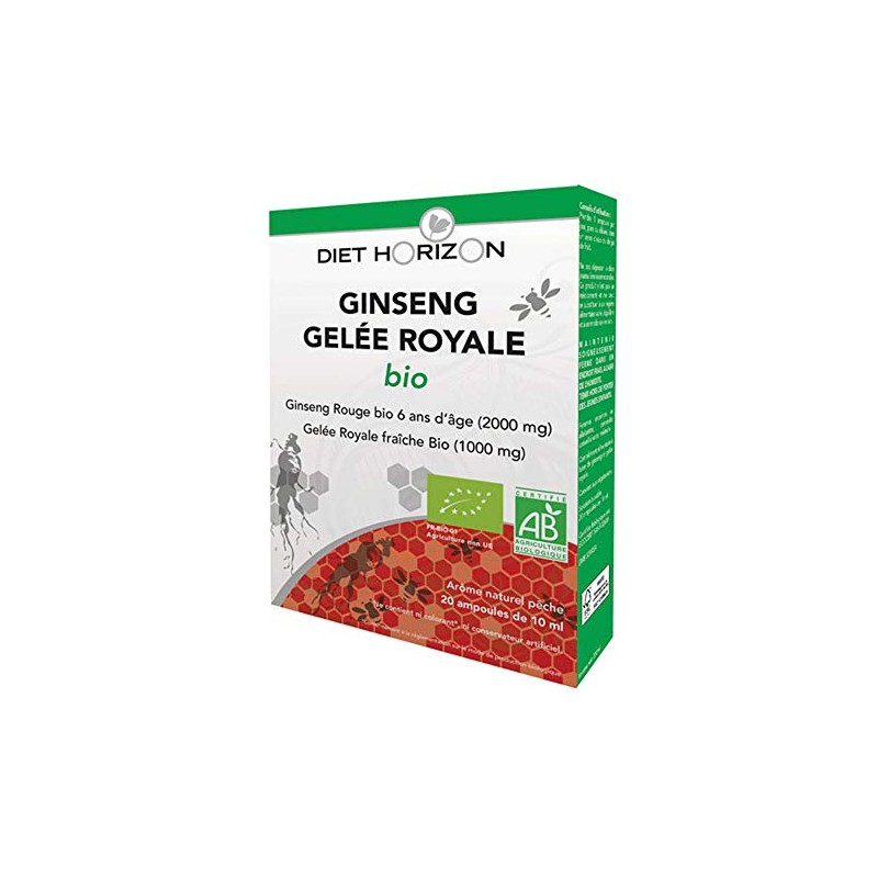 Ginseng gelée royale bio - Fortifiant et reconstituant - 20 ampoules - Diet horizon Ginseng gelée royale bio - Fortifiant et reconstituant - 20 ampoules - Diet horizon