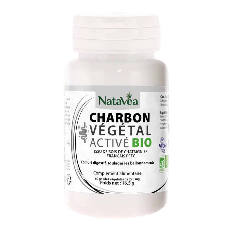 Charbon Végétal Activé Bio - 60 Gélules Végétales - Natavéa Charbon Végétal Activé Bio - 60 Gélules Végétales - Natavéa