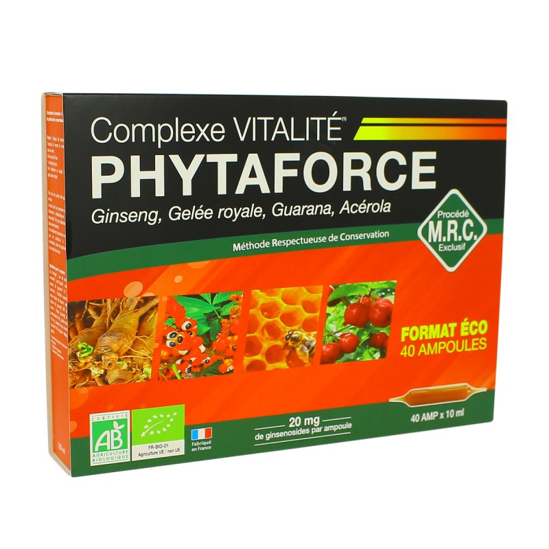Phytaforce Ginseng, gelée royale, guarana, acérola Bio - 40 Ampoules - Biotechnie Phytaforce Ginseng, gelée royale, guarana, acérola Bio - 40 Ampoules - Biotechnie